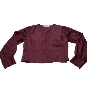 Romantic Satin Crop Top Puff Sleeve Soft Girl Date Night Blouse Burgundy